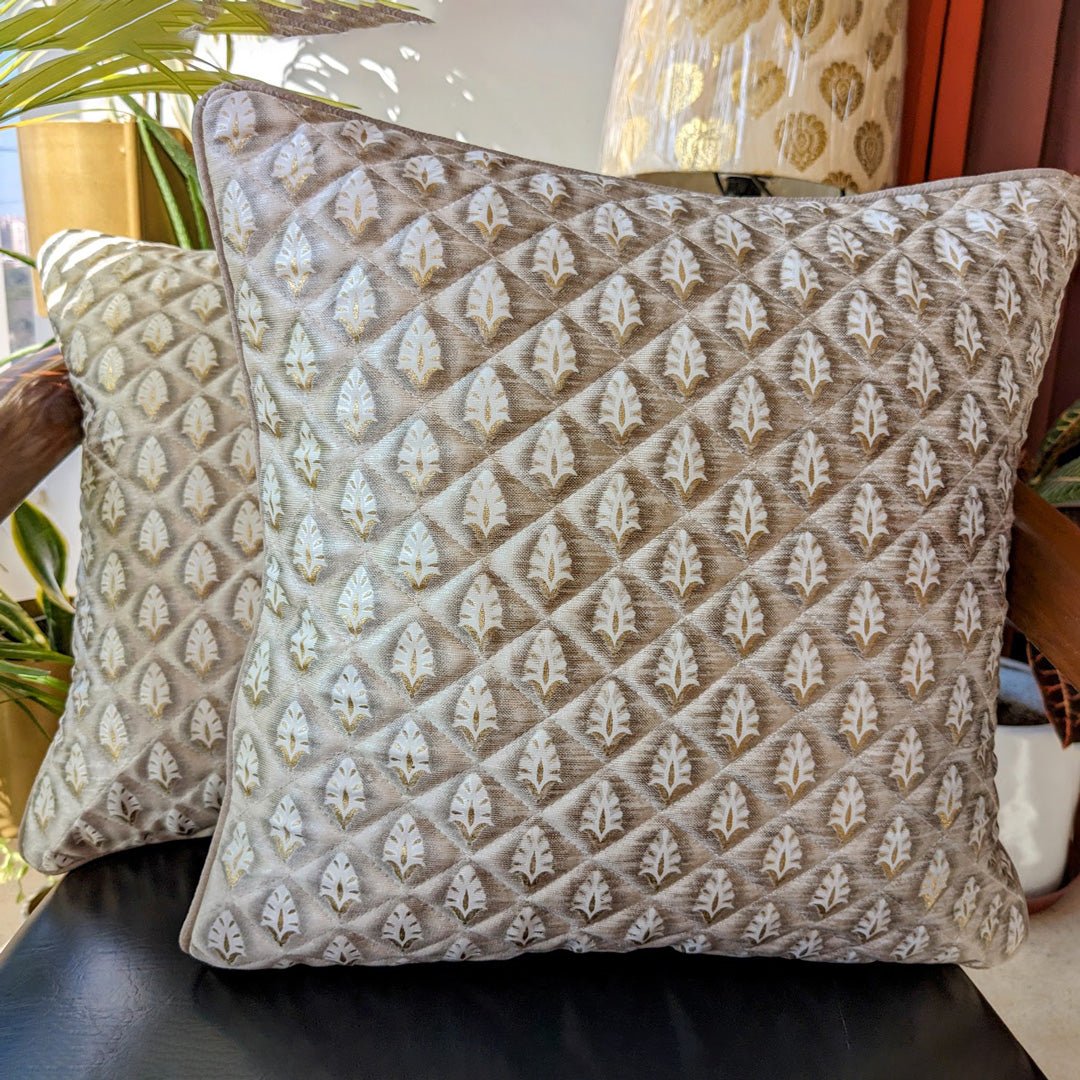 Meenakari Cushion Cover Muted Taupe, Pack of 2, 16" x 16" - Coral Slub -